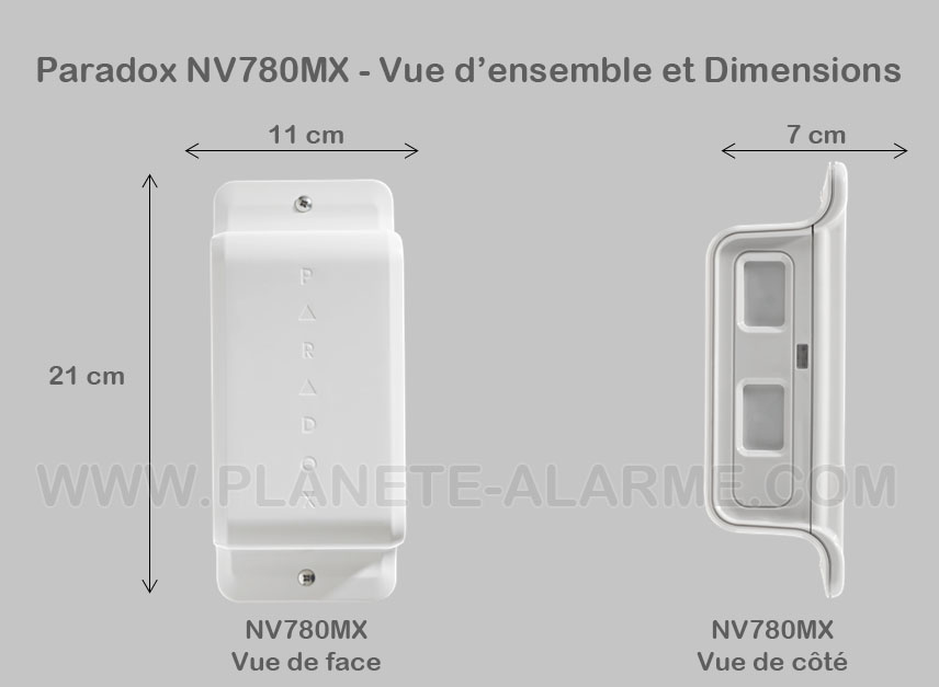 Vue et dimensions du detecteur filaire perimetrique paradox NV780MX