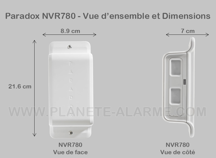 Vue et dimensions du detecteur radio sans fil perimetrique paradox NVR780